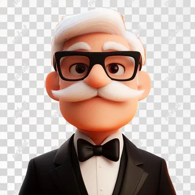 3D character design, a man with white hair, black glasses, and a mustache wearing a tuxedo against an orange background, in the style of Pixar.