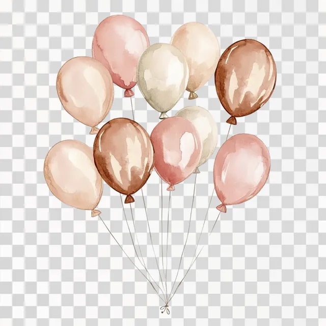 PNG Cute Boho Birthday Balloons Clipart in Rose Gold and Muted Colors