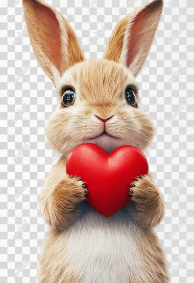 An adorable bunny with soft, fluffy fur holds a puffy red heart in his tiny paws, his big, sparkling eyes filled with warmth on whit background. Ultra-detailed, cinematic lighting, photorealistic, magical realism.   text, low quality, warp, disfigurement