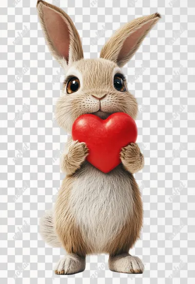 An adorable bunny with soft, fluffy fur holds a puffy red heart in his tiny paws, his big, sparkling eyes filled with warmth on whit background. Ultra-detailed, cinematic lighting, photorealistic, magical realism.   text, low quality, warp, disfigurement