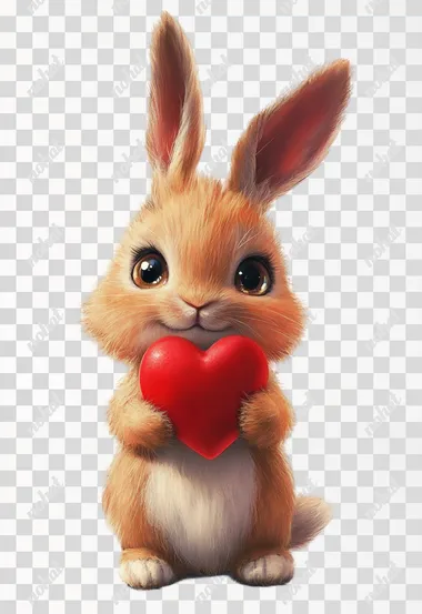 An adorable bunny with soft, fluffy fur holds a puffy red heart in his tiny paws, his big, sparkling eyes filled with warmth on whit background. Ultra-detailed, cinematic lighting, photorealistic, magical realism.   text, low quality, warp, disfigurement