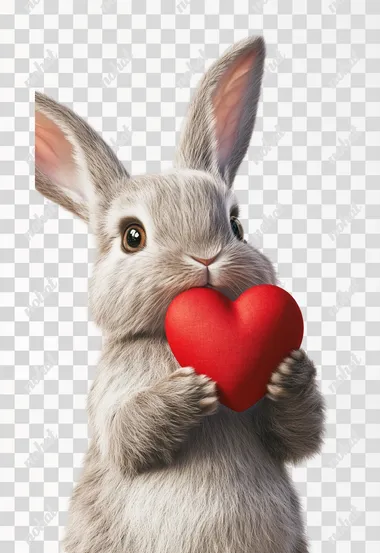 An adorable bunny with soft, fluffy fur holds a puffy red heart in his tiny paws, his big, sparkling eyes filled with warmth on whit background. Ultra-detailed, cinematic lighting, photorealistic, magical realism.   text, low quality, warp, disfigurement