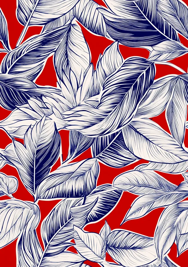 Tropical leaves seamless pattern in blue and white on red background