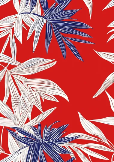 Red background, white and blue line drawing of tropical leaves, seamless pattern.