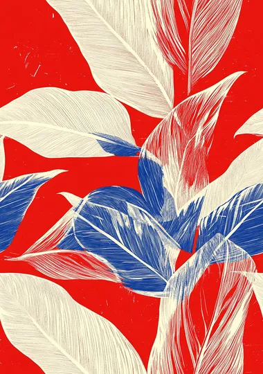 Red background, white and blue line drawing of tropical leaves, seamless pattern.