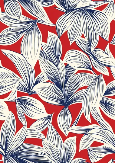 Red background, white and blue line drawing of tropical leaves, seamless pattern.