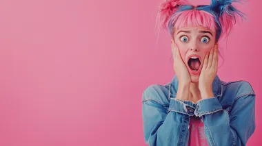 A surprised person with a shocked expression, standing to the right side of the image, with their hands on their face. The background is entirely pink, vibrant and eye-catching. The style is hyper-realistic, with a focus on the emotions displayed in the person's face, leaving ample space on the left side for adding text, hyper-realistic, photo realism, cinematography