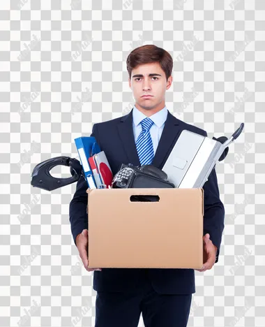 A sad young man in a business suit holding a cardboard box full of his office equipment, high-resolution image., isolated on a white background.