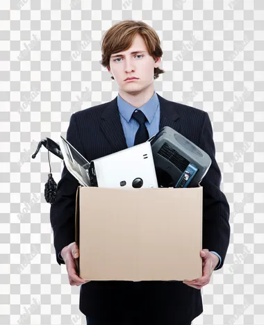 A sad young man in a business suit holding a cardboard box full of his office equipment, high-resolution image., isolated on a white background.