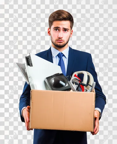 A sad young man in a business suit holding a cardboard box full of his office equipment, high-resolution image., isolated on a white background.