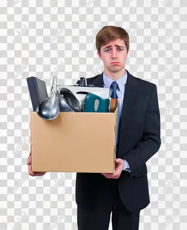 A sad young man in a business suit holding a cardboard box full of his office equipment, high-resolution image., isolated on a white background.