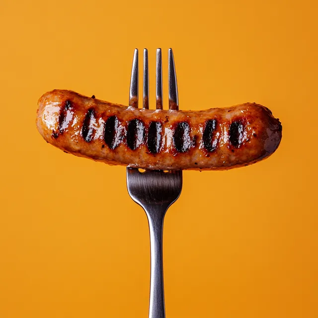 Grilled sausage on a fork against a vibrant orange kitchen backdrop