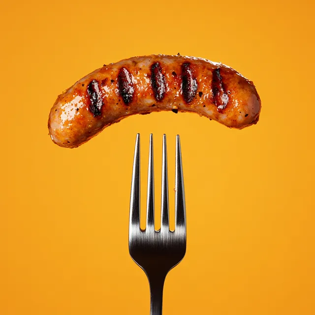 Realistic Grilled Sausage on Fork Against Vibrant Orange Background