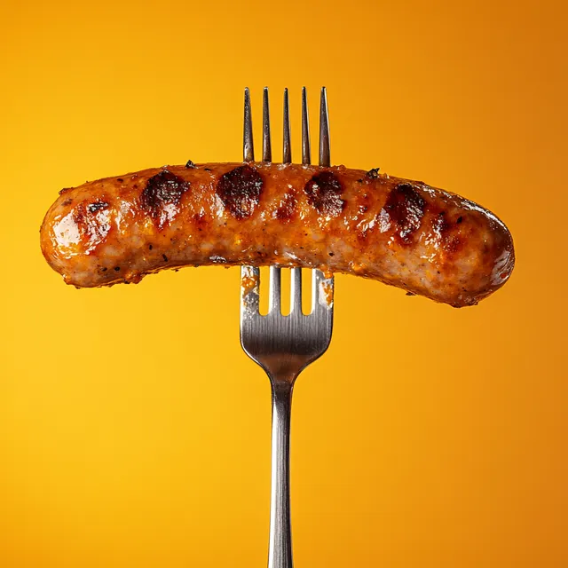 Grilled sausage on fork with vibrant orange background in kitchen setting