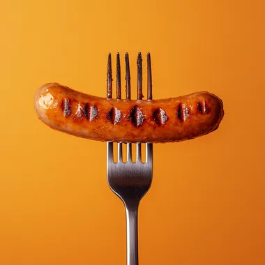 realistic photo grilled sausage on fork on orange background