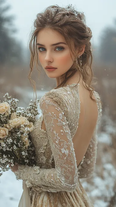 A beautiful woman standing far and holding cattin bouquet in hands with beautiful dress inside a winter scenery, This is in a realistic photo style inspired by Game of Thrones. Epic atmosphere, cinematic light, cinematic photography.