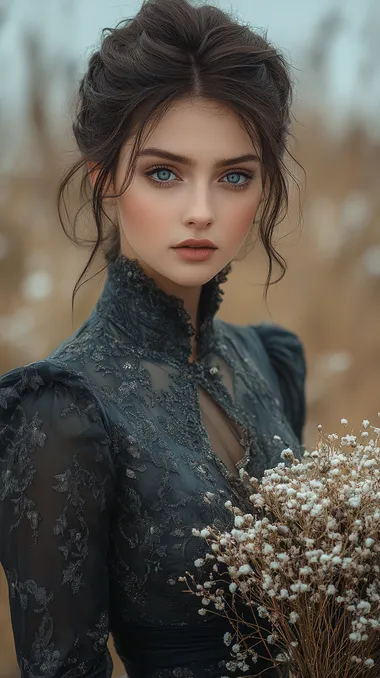 A beautiful woman standing far and holding cattin bouquet in hands with beautiful dress inside a winter scenery, This is in a realistic photo style inspired by Game of Thrones. Epic atmosphere, cinematic light, cinematic photography.