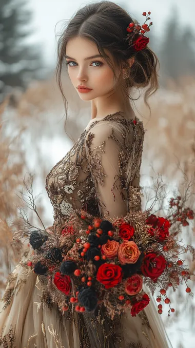 A beautiful woman standing far and holding cattin bouquet in hands with beautiful dress inside a winter scenery, This is in a realistic photo style inspired by Game of Thrones. Epic atmosphere, cinematic light, cinematic photography.