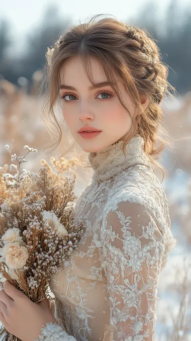 A beautiful woman standing far and holding cattin bouquet in hands with beautiful dress inside a winter scenery, This is in a realistic photo style inspired by Game of Thrones. Epic atmosphere, cinematic light, cinematic photography.