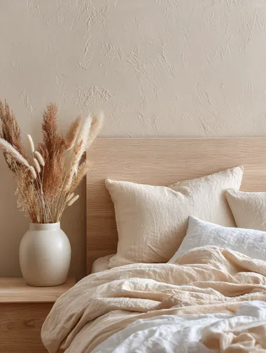 Softly styled bed corner with crinkled linen sheets, light wood headboard, calming beige wall, and dried flowers in a ceramic pot  rofile 22tuiyk