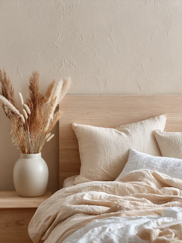 Cozy Bed Corner with Soft Linen and Dried Flowers