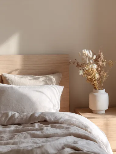 Softly styled bed corner with crinkled linen sheets, light wood headboard, calming beige wall, and dried flowers in a ceramic pot  rofile 22tuiyk