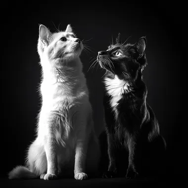 A high-quality, minimalistic black-and-white photo of a dog and cat sitting together on a clean, modern background, with soft lighting and elegant shadows, showcasing a sophisticated and professional aesthetic. The animals are calm and well-groomed, and the image conveys warmth, trust, and premium quality.