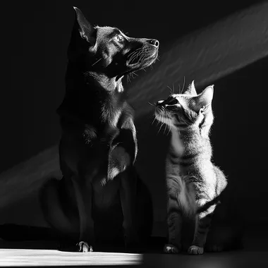 A high-quality, minimalistic black-and-white photo of a dog and cat sitting together on a clean, modern background, with soft lighting and elegant shadows, showcasing a sophisticated and professional aesthetic. The animals are calm and well-groomed, and the image conveys warmth, trust, and premium quality.