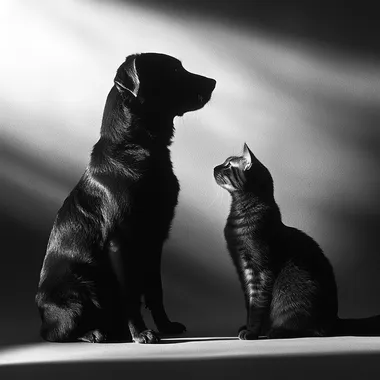 A high-quality, minimalistic black-and-white photo of a dog and cat sitting together on a clean, modern background, with soft lighting and elegant shadows, showcasing a sophisticated and professional aesthetic. The animals are calm and well-groomed, and the image conveys warmth, trust, and premium quality.