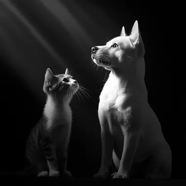 A high-quality, minimalistic black-and-white photo of a dog and cat sitting together on a clean, modern background, with soft lighting and elegant shadows, showcasing a sophisticated and professional aesthetic. The animals are calm and well-groomed, and the image conveys warmth, trust, and premium quality.