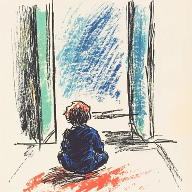 a boy sitting on the floor, looking at the window, in a room, scribble style  2252558232
