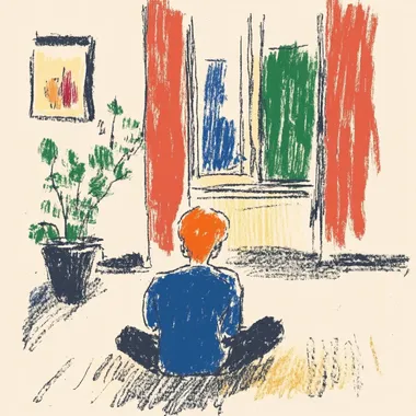 a boy sitting on the floor, looking at the window, in a room, scribble style  2252558232