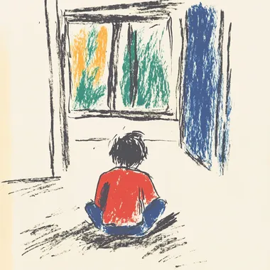 a boy sitting on the floor, looking at the window, in a room, scribble style  2252558232