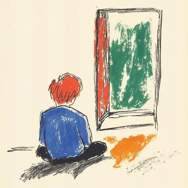 a boy sitting on the floor, looking at the window, in a room, scribble style  2252558232