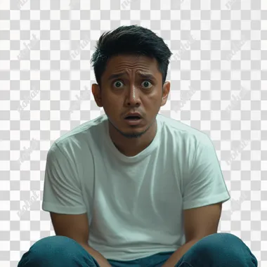 malay man with a shocked worrisome expression, half body shot, front angle. Wearing casual clothing, plain white t-shirt and jeans. Sharp focus on the talent, Compositino resembles a candid shot. GoPro HERO10 Black Cinestill 800T, 8k, ultra, detailed, realistic, ar 9:16