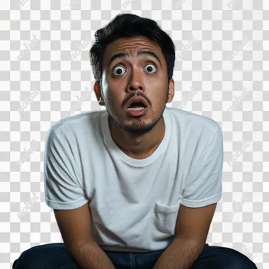 malay man with a shocked worrisome expression, half body shot, front angle. Wearing casual clothing, plain white t-shirt and jeans. Sharp focus on the talent, Compositino resembles a candid shot. GoPro HERO10 Black Cinestill 800T, 8k, ultra, detailed, realistic, ar 9:16