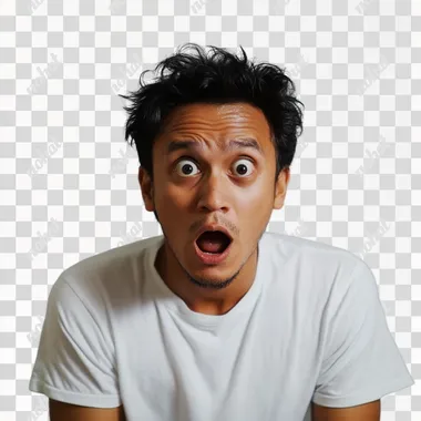 malay man with a shocked worrisome expression, half body shot, front angle. Wearing casual clothing, plain white t-shirt and jeans. Sharp focus on the talent, Compositino resembles a candid shot. GoPro HERO10 Black Cinestill 800T, 8k, ultra, detailed, realistic, ar 9:16