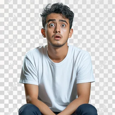 malay man with a shocked worrisome expression, half body shot, front angle. Wearing casual clothing, plain white t-shirt and jeans. Sharp focus on the talent, Compositino resembles a candid shot. GoPro HERO10 Black Cinestill 800T, 8k, ultra, detailed, realistic, ar 9:16