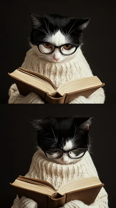 A black and white tuxedo cat wearing glasses, engrossed in the joy of reading a book. The cat is dressed in a soft sweater, exuding an atmosphere of quiet and intellectual pursuit. Generate photos from four angles: front, back, left side, and right side.