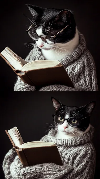 A black and white tuxedo cat wearing glasses, engrossed in the joy of reading a book. The cat is dressed in a soft sweater, exuding an atmosphere of quiet and intellectual pursuit. Generate photos from four angles: front, back, left side, and right side.