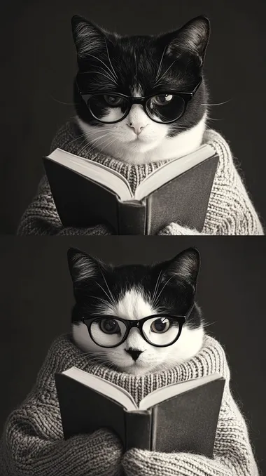 A black and white tuxedo cat wearing glasses, engrossed in the joy of reading a book. The cat is dressed in a soft sweater, exuding an atmosphere of quiet and intellectual pursuit. Generate photos from four angles: front, back, left side, and right side.