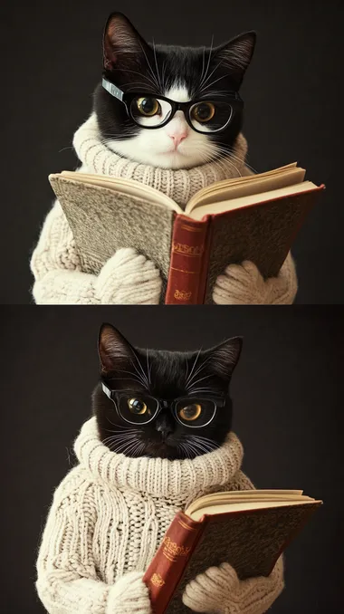 A black and white tuxedo cat wearing glasses, engrossed in the joy of reading a book. The cat is dressed in a soft sweater, exuding an atmosphere of quiet and intellectual pursuit. Generate photos from four angles: front, back, left side, and right side.