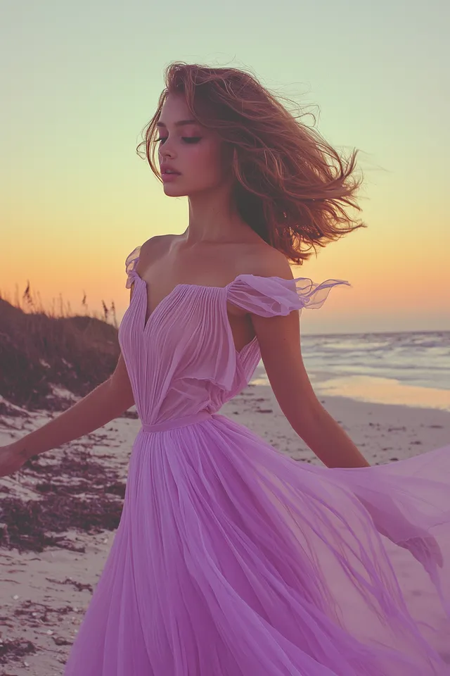 Model in vintage purple dress on beach, retro-inspired commercial photo
