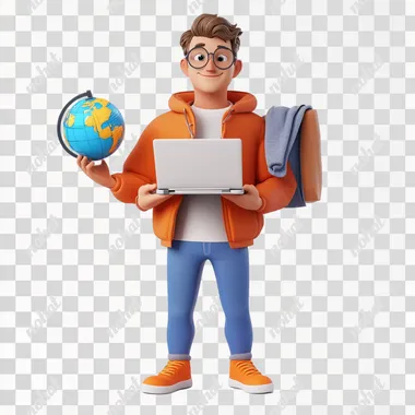 Create a pixar 3d style charater of a male executive wearing orange sneakers holding apple laptop in one hand and a world globe in the other standing in a white background.