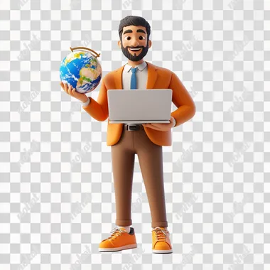 Create a pixar 3d style charater of a male executive wearing orange sneakers holding apple laptop in one hand and a world globe in the other standing in a white background.
