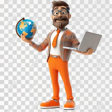 Create a pixar 3d style charater of a male executive wearing orange sneakers holding apple laptop in one hand and a world globe in the other standing in a white background.