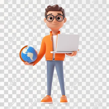 Create a pixar 3d style charater of a male executive wearing orange sneakers holding apple laptop in one hand and a world globe in the other standing in a white background.
