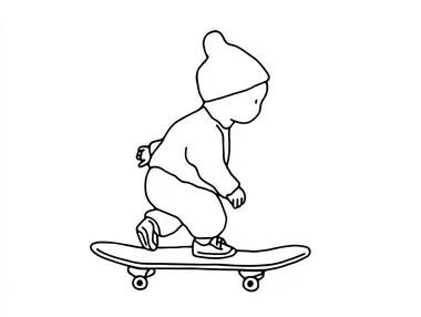 simple, minimalist line drawing of a baby on a skateboard  rofile jwckokw