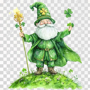 A watercolor illustration of a wizard gnome in St. Patrick theme standing proudly on a small hill in vibrant clovers, wearing a bright green cape with a golden shamrock emblem embroidered and completely covering the gnome's eyes. The gnome has a white beard and mustache. All elements are tightly grouped. The gnome is holding a glowing emerald stone scepter, raising it high as if casting a blessing, isolated white background.