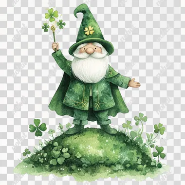 A watercolor illustration of a wizard gnome in St. Patrick theme standing proudly on a small hill in vibrant clovers, wearing a bright green cape with a golden shamrock emblem embroidered and completely covering the gnome's eyes. The gnome has a white beard and mustache. All elements are tightly grouped. The gnome is holding a glowing emerald stone scepter, raising it high as if casting a blessing, isolated white background.